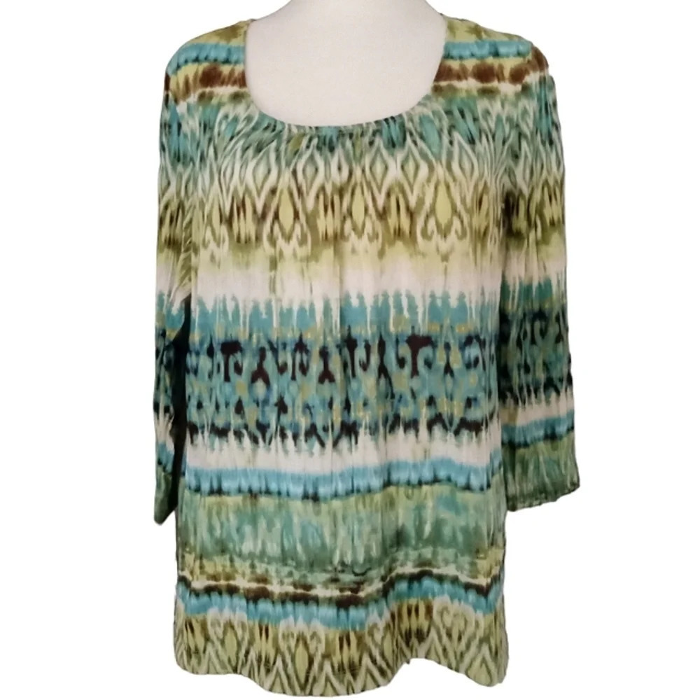 Chico's Abstract Ikat Tye Dye Lightweight Semi Sheer Top Size 2 Large Green Blue